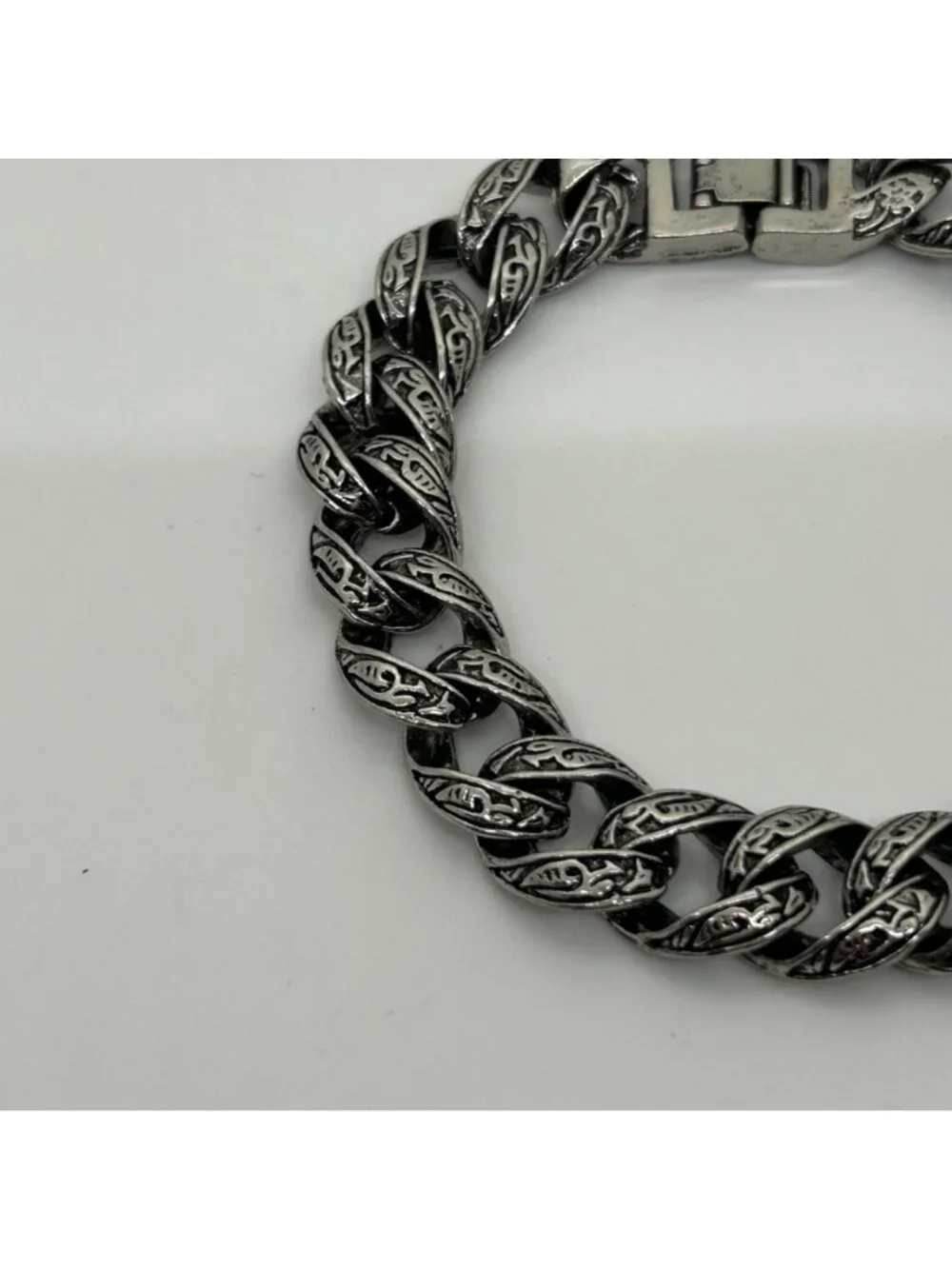 Men's Vintage Stainless Steel Curb Chain Bracelet Tribal Tattoo Etched Design